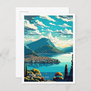 Lugano Switzerland Art vintage travel illustration Postcard