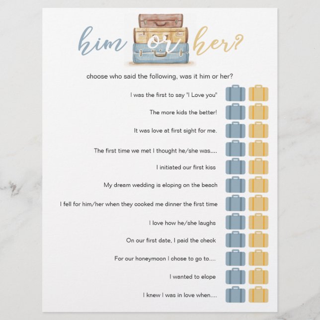 Luggage Him or Her // bridal shower game (Front)