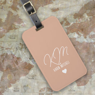 Luggage Tag Monogram with Love Heart Dusty Rose