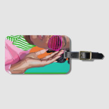 Luggage Tag. Pink and Green Stripes.
