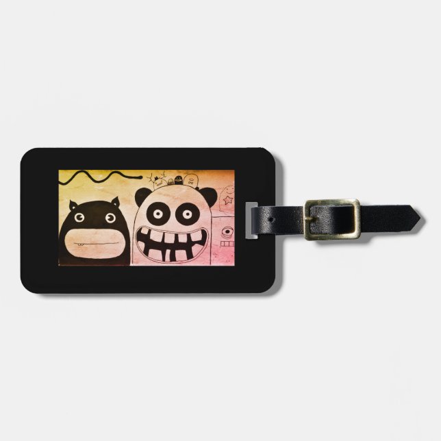 Luggage Tag w/ leather strap HAPPY MONSTERS (Front Horizontal)