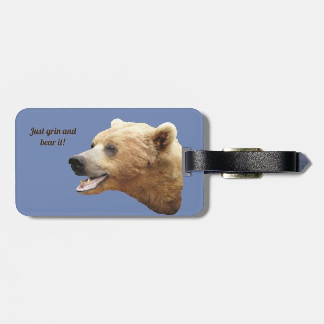 Luggage Tag w/ leather strap of grizzly bears (Back Horizontal)