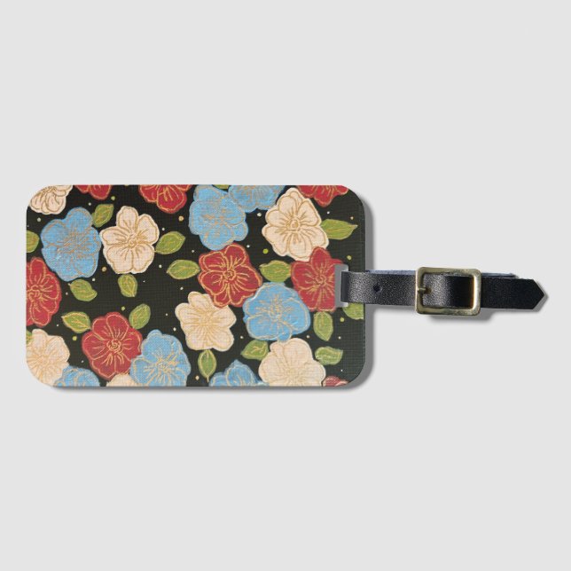 Luggage tag with blues, pinks, green and gold (Front Horizontal)