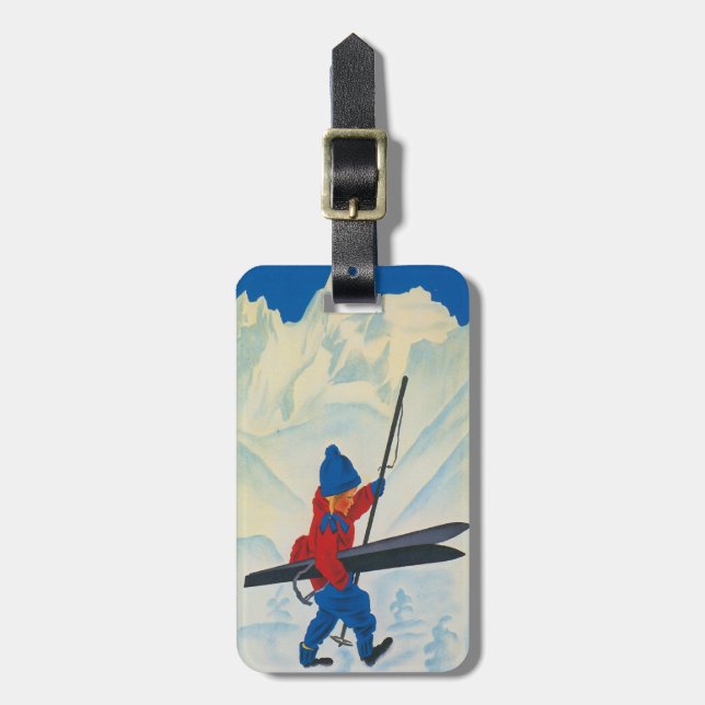 Luggage Tag with Cute Vintage Ski Print (Front Vertical)