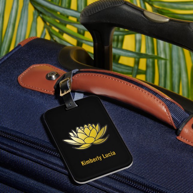 Luggage tag with lotus flower illustration. (Front Insitu 1)