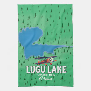 Lugu Lake, Yunnan plateau, China map Tea Towel