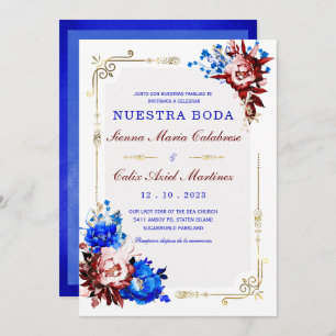 Lujo De Boda en Burdeos y Azul Invitation