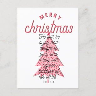 Luke 1:14 Pink Merry Christmas Tree Typography  Holiday Postcard
