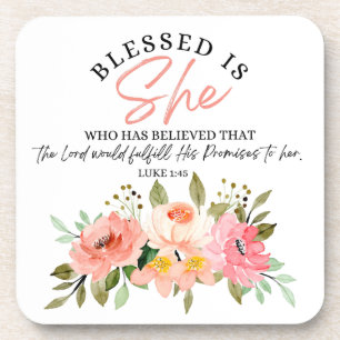 Luke 1:45 Blessed is She Floral Scripture Coaster