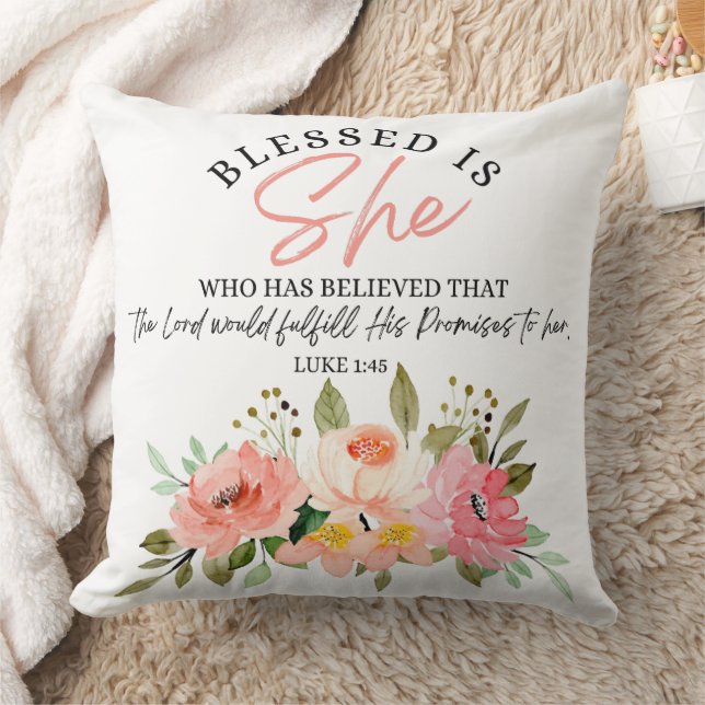 Luke 1:45 Blessed is She Floral Scripture Cushion (Blanket)