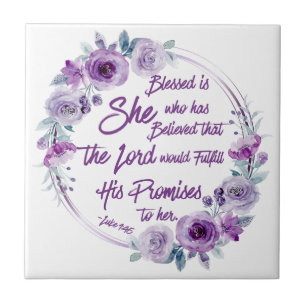 Luke 1:45 Blessed is She Purple Floral Ceramic Tile
