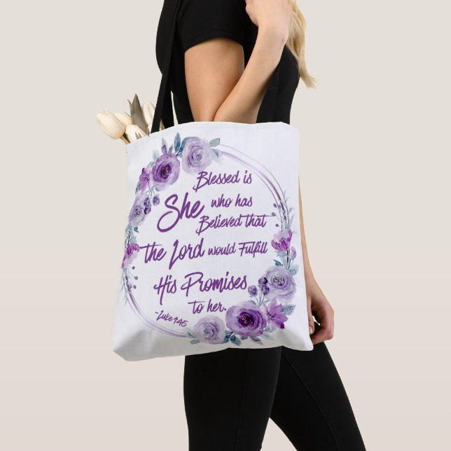 Luke 1:45 Blessed is She Purple Floral Tote Bag (Close Up)