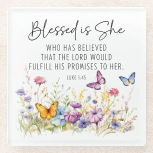 Luke 1:45 Blessed is She Scripture Wildflowers Glass Coaster