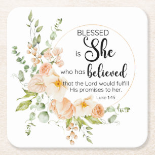 Luke 1:45 Blessed is She Spring Orange Flower Square Paper Coaster
