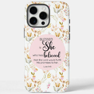 Luke 1:45 Blessed is She Watercolor Pink Floral iPhone 16 Pro Max Case