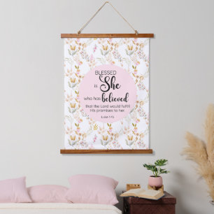 Luke 1:45 Blessed is She Watercolor Pink Floral Hanging Tapestry