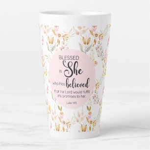 Luke 1:45 Blessed is She Watercolor Pink Floral Latte Mug