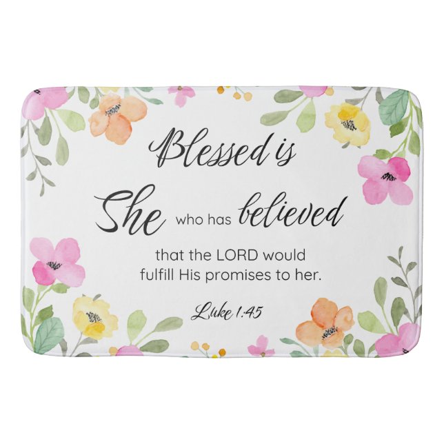 Luke 1:45 Blessed is She, Women's Scripture Floral Bath Mat (Front)