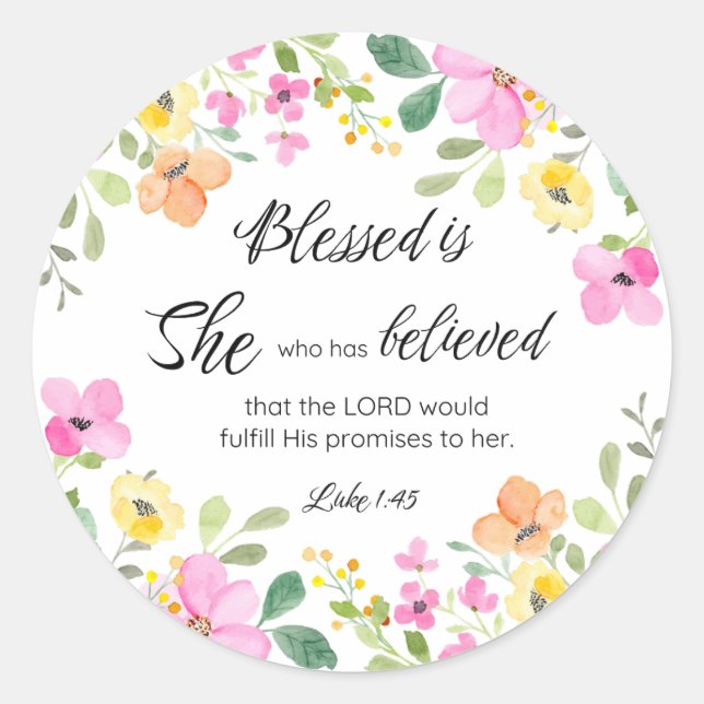 Luke 1:45 Blessed is She, Women's Scripture Floral Classic Round Sticker (Front)