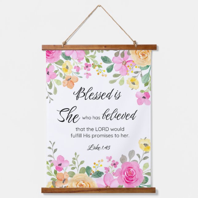 Luke 1:45 Blessed is She, Women's Scripture Floral Hanging Tapestry (Front)