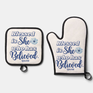 Luke 1:45 Blessed is who has Believed Blue Flower Oven Mitt & Pot Holder Set