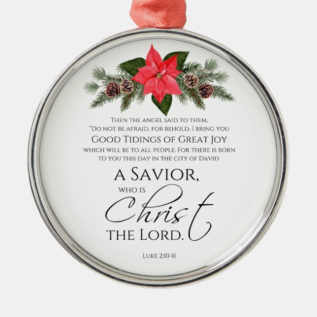 Luke 2:10-11 Good Tidings Poinsettia Christmas Metal Ornament (Front)