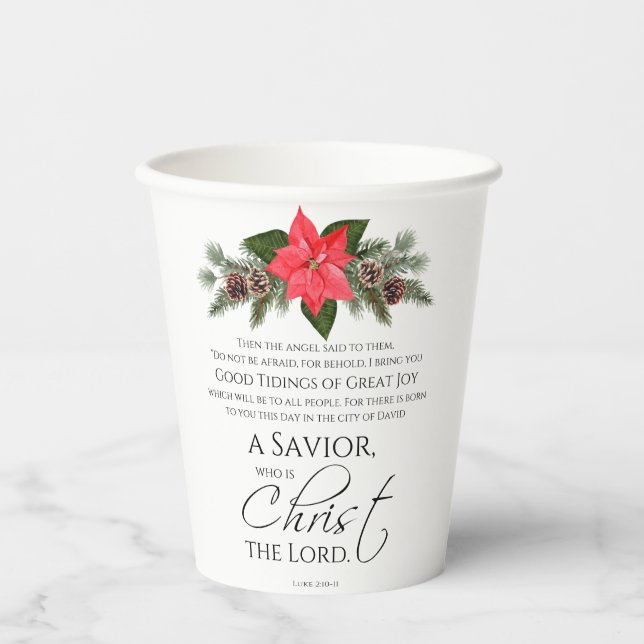 Luke 2:10-11 Good Tidings Poinsettia Christmas Paper Cups (Front)