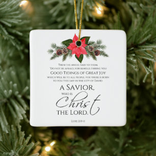 Luke 2:10-11 Poinsettia Christmas Scripture Ceramic Ornament