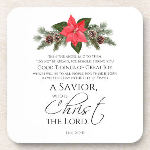 Luke 2:10-11 Poinsettia Christmas Scripture Coaster