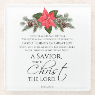 Luke 2:10-11 Poinsettia Christmas Scripture Glass Coaster