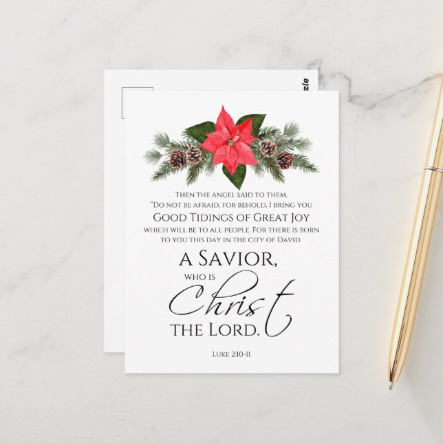 Luke 2:10-11 Poinsettia Christmas Scripture Postcard (Front/Back In Situ)