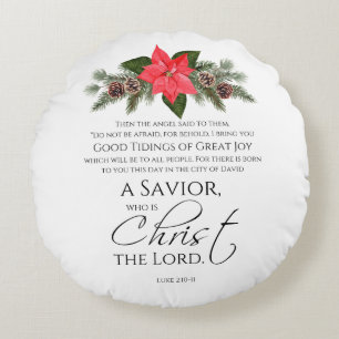 Luke 2:10-11 Poinsettia Christmas Scripture Round Cushion