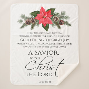 Luke 2:10-11 Poinsettia Christmas Scripture Sherpa Blanket