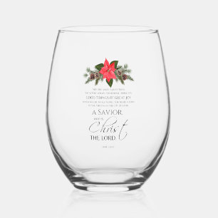 Luke 2:10-11 Poinsettia Christmas Scripture Stemless Wine Glass
