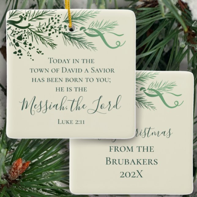 Luke 2:11 Sage Pine Personalised Christmas Gift Ceramic Ornament (Personalize this Luke 2:11 Scripture Christmas ornament gift with name and year. Hand drawn pine )