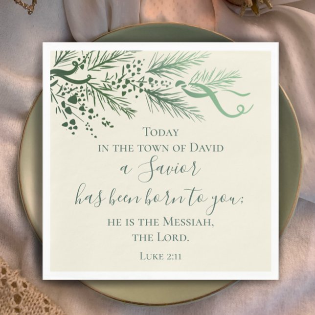 Luke 2:11 Scripture Custom Modern Pine Christmas Napkin (Luke 2:11 Christian scripture elegant sage pine Christmas dinner napkins. Custom modern script decor)