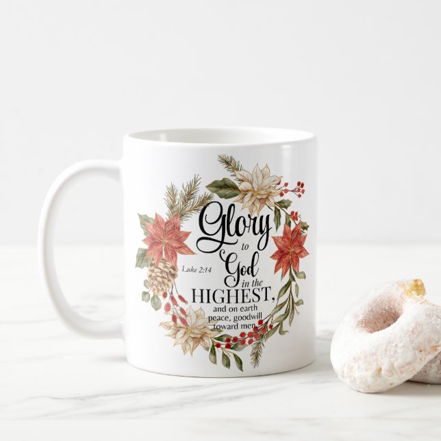 Luke 2:14 Glory to God Christmas Gold Floral Coffee Mug (With Donut)