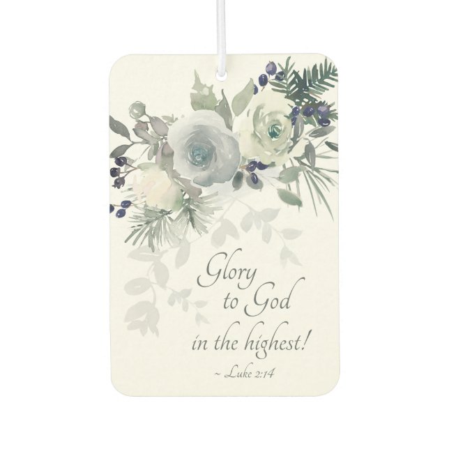Luke 2:14 "Glory to God" White Rose Christmas Car Air Freshener (Front)
