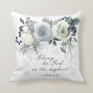 Luke 2:14 "Glory to God" White Rose Christmas Cushion