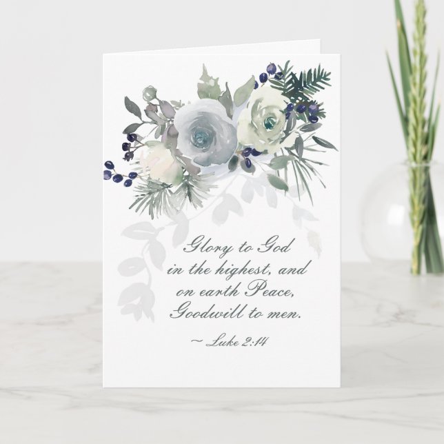 Luke 2:14 "Glory to God" White Rose Christmas Holiday Card (Front)