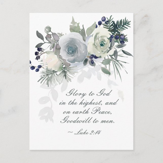 Luke 2:14 "Glory to God" White Rose Christmas Postcard (Front)