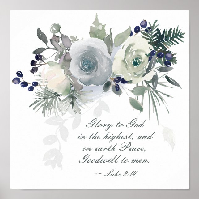 Luke 2:14 "Glory to God" White Rose Christmas Poster (Front)
