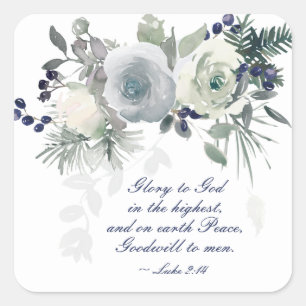 Luke 2:14 "Glory to God" White Rose Christmas Square Sticker