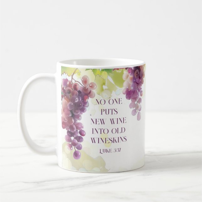 Luke 5:37 New Wine into Old Wineskins Bible Verse Coffee Mug (Left)