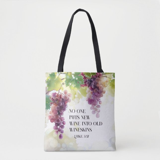 Luke 5:37 New Wine into Old Wineskins Bible Verse Tote Bag (Front)