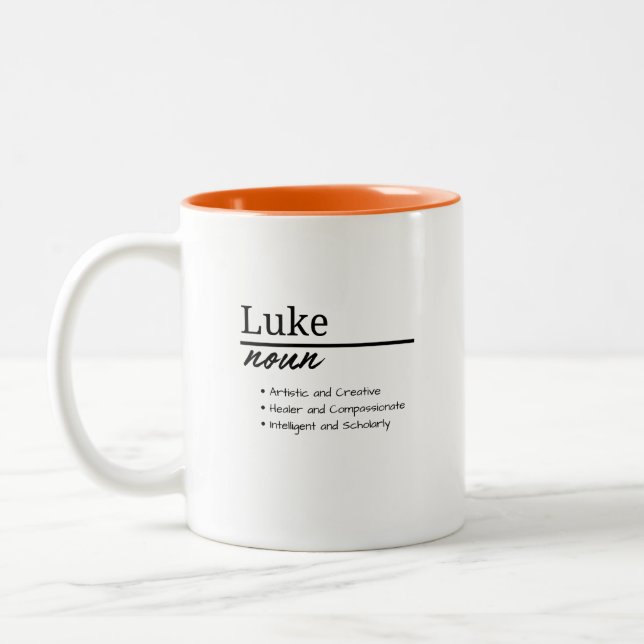 Luke, Boy Personalised Name Definition Two-Tone Coffee Mug (Left)