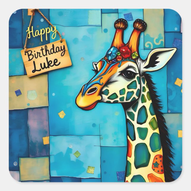 LUKE ~ HAPPY BIRTHDAY ~ Giraffe ~ Square Sticker (Front)