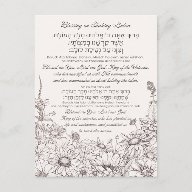 Lulav Blessing in Hebrew for Sukkot Postcard (Front)