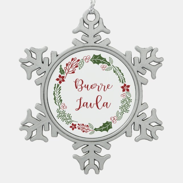 Lule Sámi Merry Christmas Wreath, Buorre Javla Snowflake Pewter Christmas Ornament (Front)