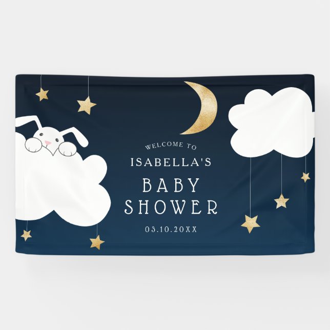 Lullaby Bunny Baby Shower Navy Gold Welcome Banner (Horizontal)